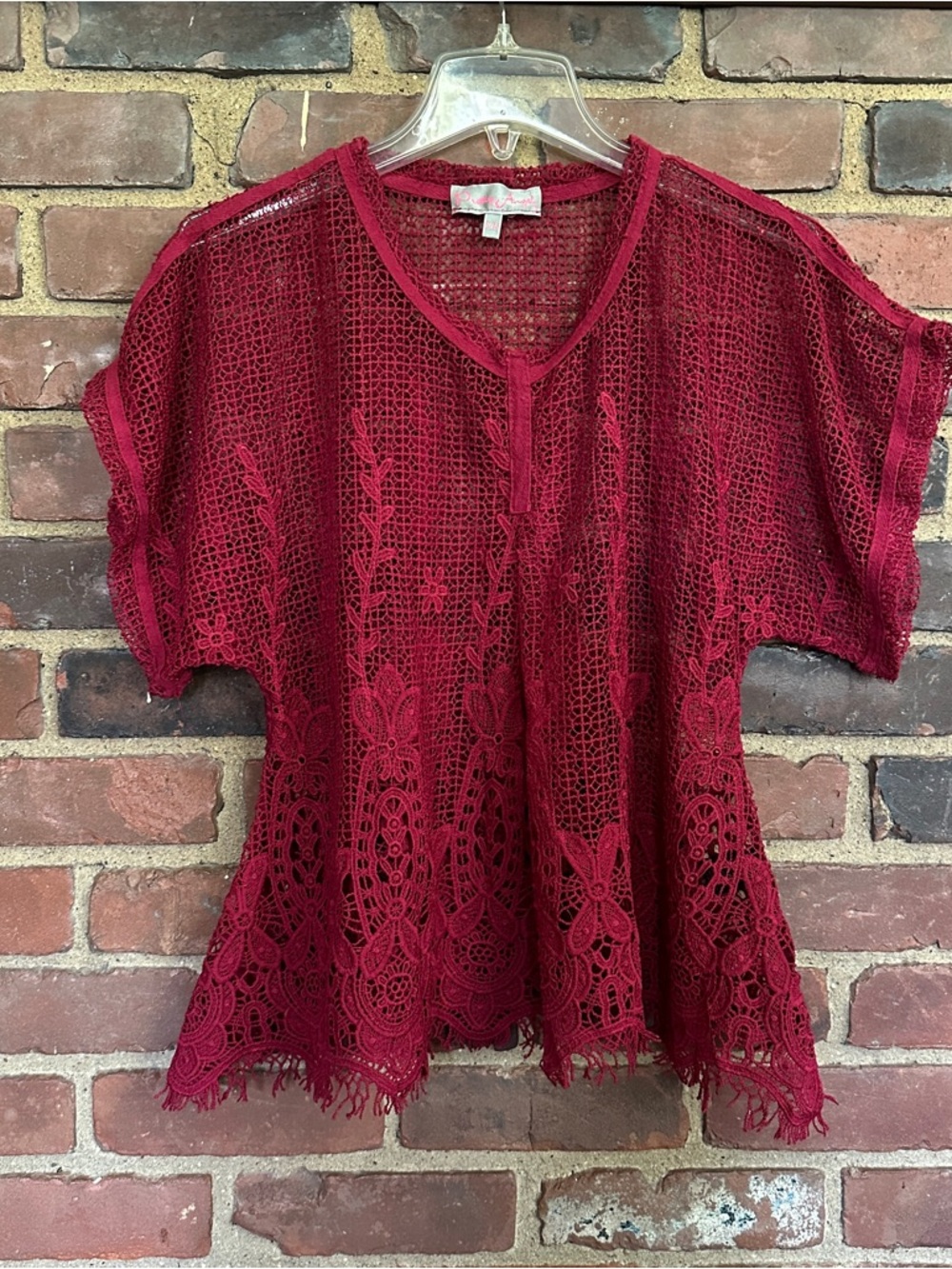 Pretty Angle Crochet Maroon Red Top S/M  36 Chest / 23” Long